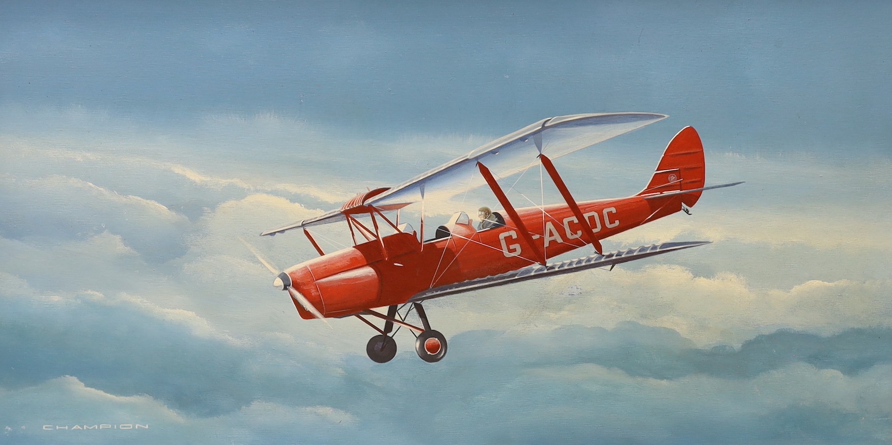 Peter Champion, oil on board, Bi-plane in flight, signed, 40 x 75cm
